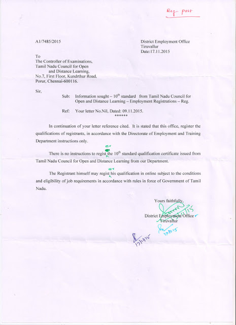 Employment Exchange Approval Letter – Tamilnadu Council